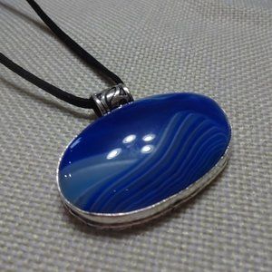 Beautiful "BLUE BOTSWANA AGATE" Handmade Sterling Pendant/Black Leather #496B